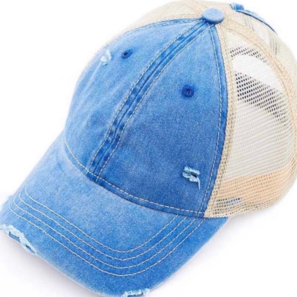 5 for $25 Distressed "Ponytail" hat in Blue Jean